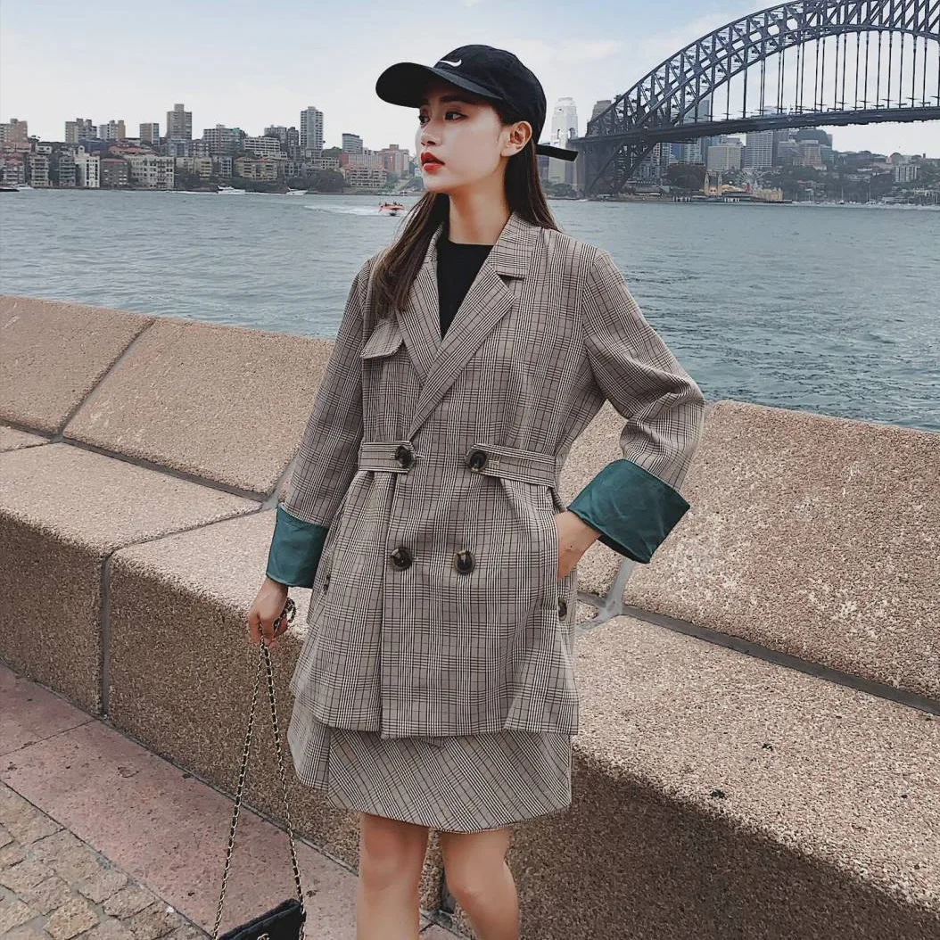 

Photo Shoot Sense of Design Two-Piece Set Women's Non-mainstream Young Plaid Side Waist Hugging Suit Jacket High-waisted A- line