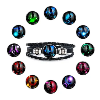 

EN 12 Constellation Luminous Bracelets Multilayer Braided Leather Bracelet Charm Bangle For Men Women Jewelry Party Gifts