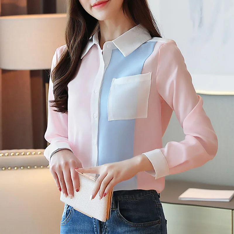  Office Lady Shirts 2020 Autumn Fashion Women Chiffon Blouses Long Sleeve Pocket Women Tops Casual S