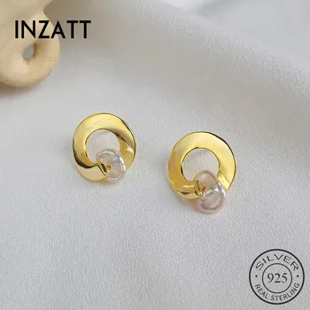 

INZATT Real 925 Sterling Silver Geometric Round Stud Earrings For Fashion Women Party Baroque pearl Cute Fine Jewelry 2019 Gift