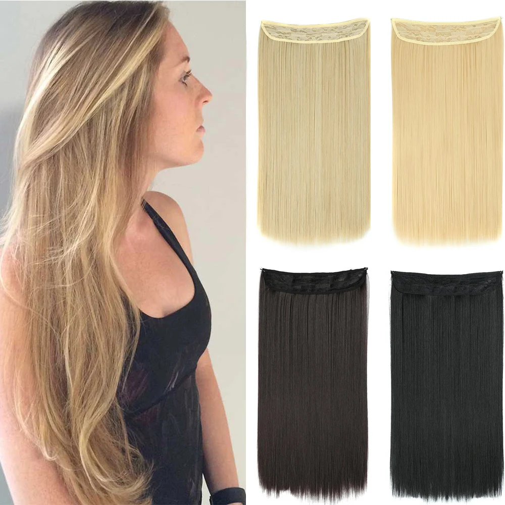 

LiangMo 24" Long Straight Invisible String Flip-On No Clip in Hair Extensions Fish Line Synthetic Hairpieces for Women Girl