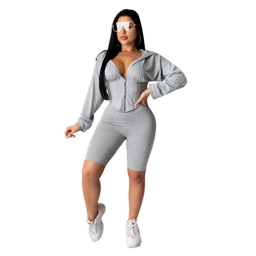 Linsery Women Casual Biker Shorts Sets Long Sleeve Hoodies Bodycon Shorts Tracksuit Outfits 