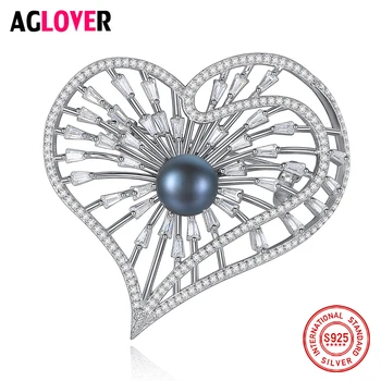 

AGLOVER New Real 925 Silver Brooch Zircon Inlay Heart Brooch Natural Freshwater pearls Brooch Women Luxury Jewelry Gift Party