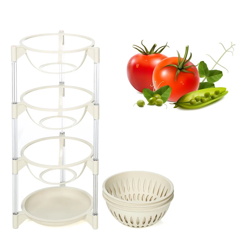 4 Layer Plastic Kitchen Shelf Storage Basket Fruit Snacks Vegetable Storage Basket Detachable Kitchen Floor Standing Rack