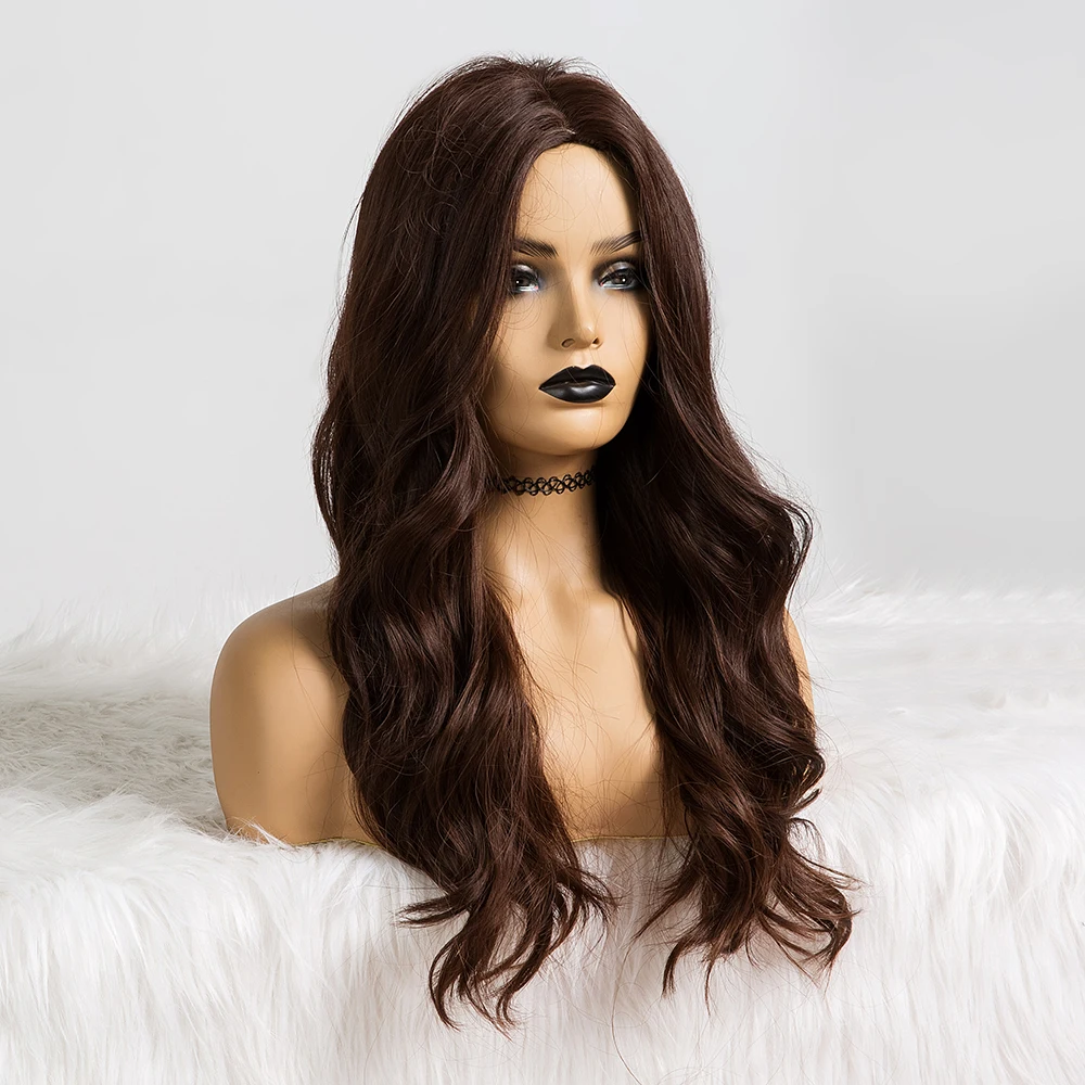 EASIHAIR Long Dark Brown Synthetic Wigs for Women Heat Resistant Wave Wigs Natural Fiber Hair Glueless Cosplay Wigs High Density