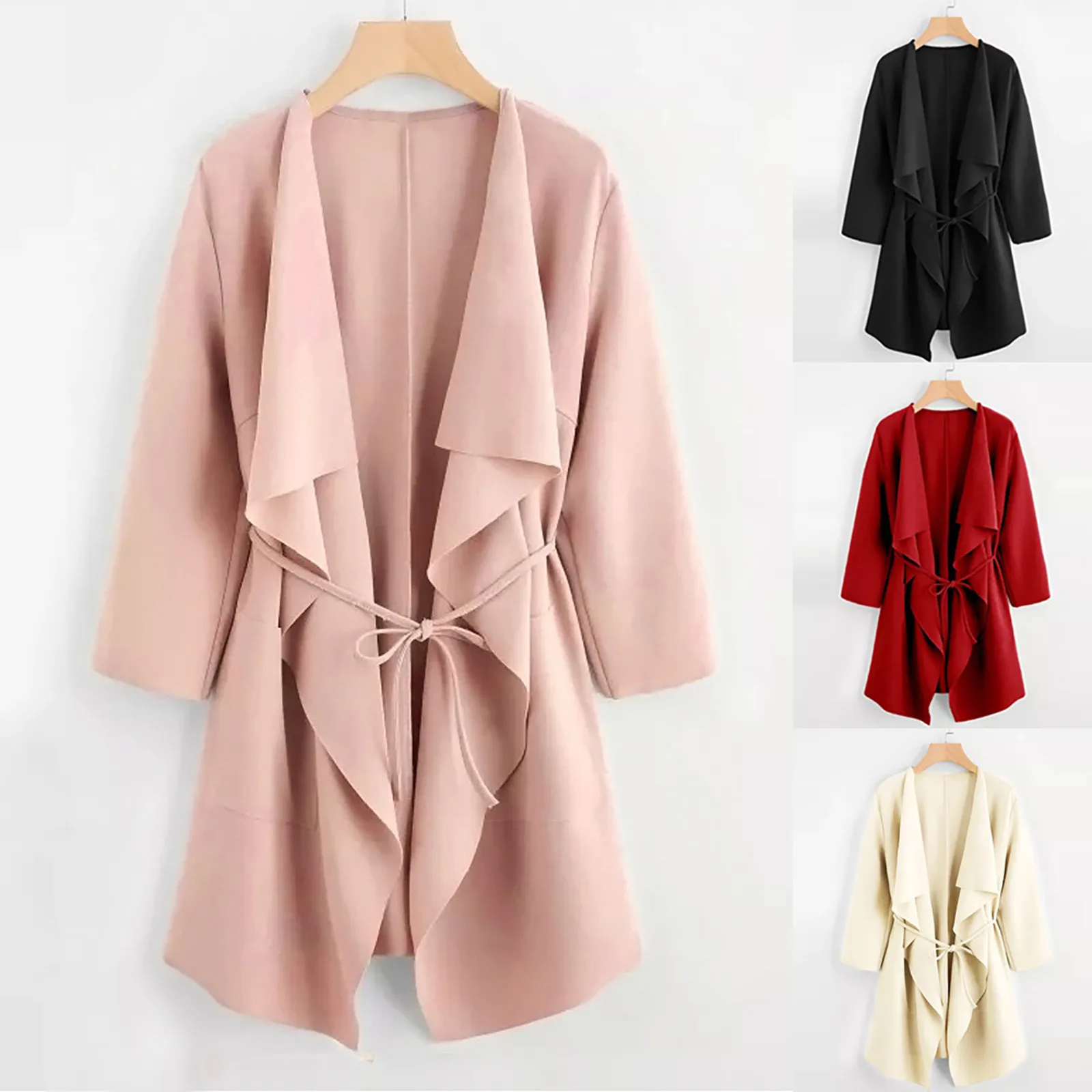 Women Casual Coats Female Fashion Lace Up Collar Pocket Front Wrap Jacket Outwear Temperament Ladies Overcoat Femme Coat #4 1