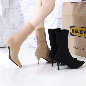 

Ankle Boots Women Shoes Woman Boots Fashion High Heel Flock Short Boots Booties 2020 Spring New Breathable Comfortable Boots X49