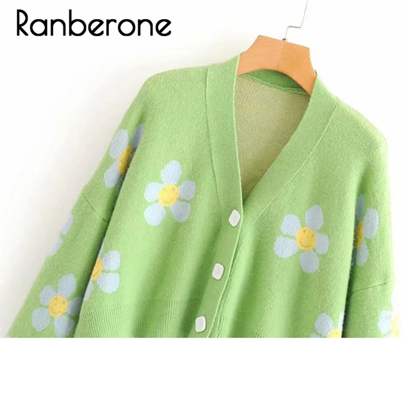 Ranberone Women Sweater Cardigan Cute Light Green Lazy Wind Spring Sweaters with Flower Print Women Tops Christmas Sweaters Ranberone Women Sweater Cardigan Cute Light Green Lazy Wind Spring Sweaters with Flower Print Women Tops Christmas Sweaters