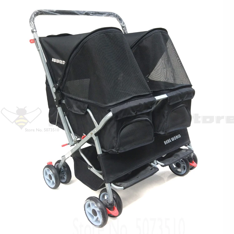 Two-seater Pet Stroller Double Sleeping Bed Ultra-lightweight Folding Washable Cat Dog Widening Care Out Pet Car Dog Stroller