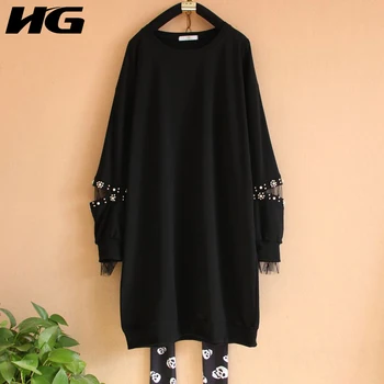 

HG Autumn Splice Mesh Beading Sweatshirt Fashion Plus Size Pullover Loose Slim Black Long Sleeve O Neck Top Women 2019 ZYQ1658