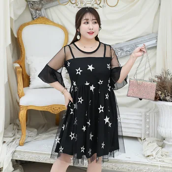 

Women's summer printed mesh embroidered dress plus size knee length casual dress 100 kg can be worn