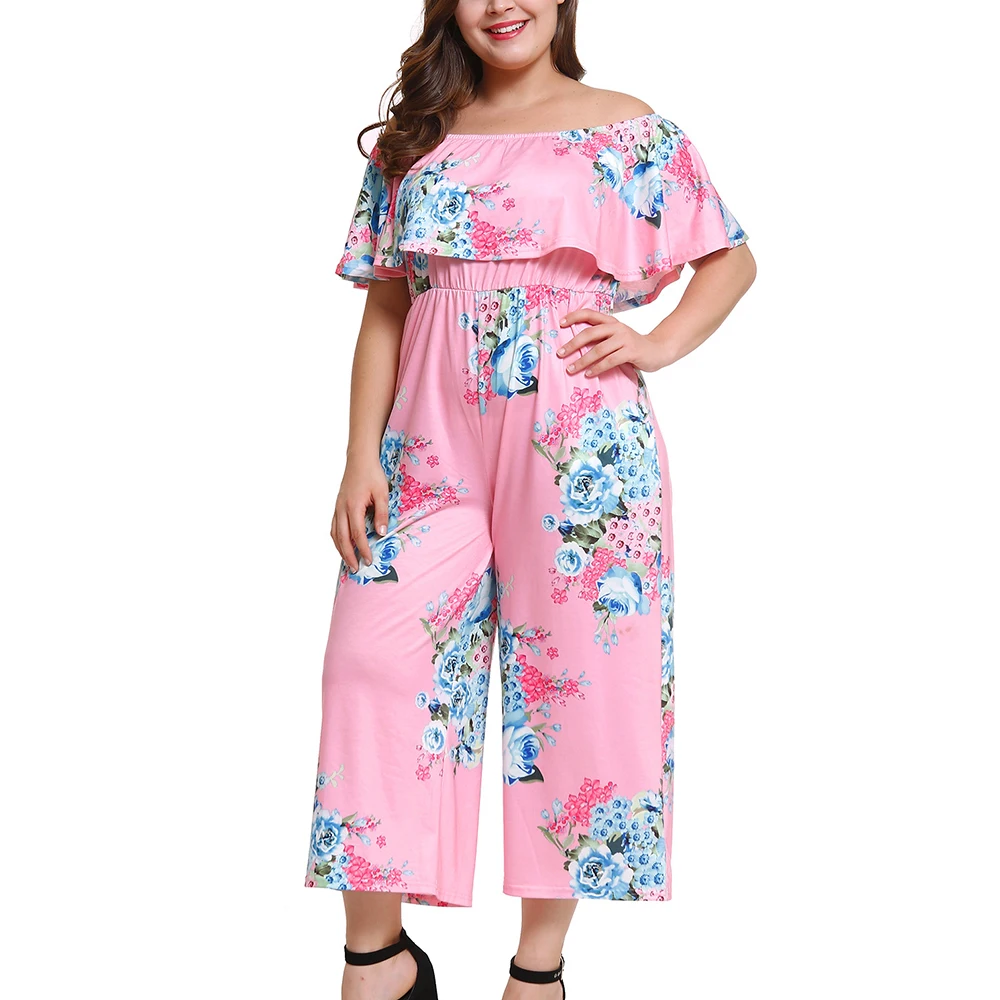 Woman Plus Size Jumpsuits Big Slash Neck Off Shoulder Playsuit Elegant High Waist Floral Printed Clothing Ruffles Bodysuits | Женская