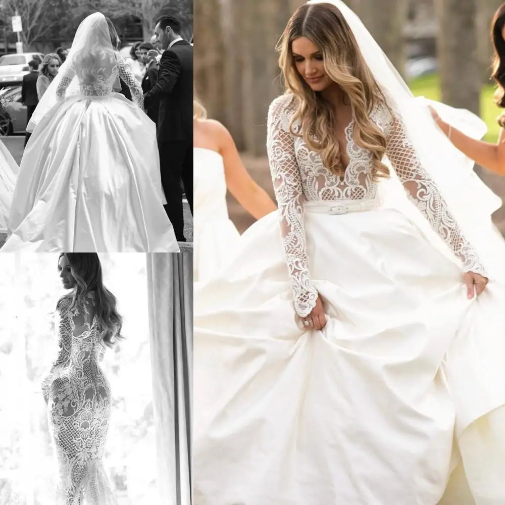Boho свадебный наряд со съемным шлейфом кружева с длинным рукавом Русалка Пляж Свадебные платья vestido de novia Иллюзия бисером