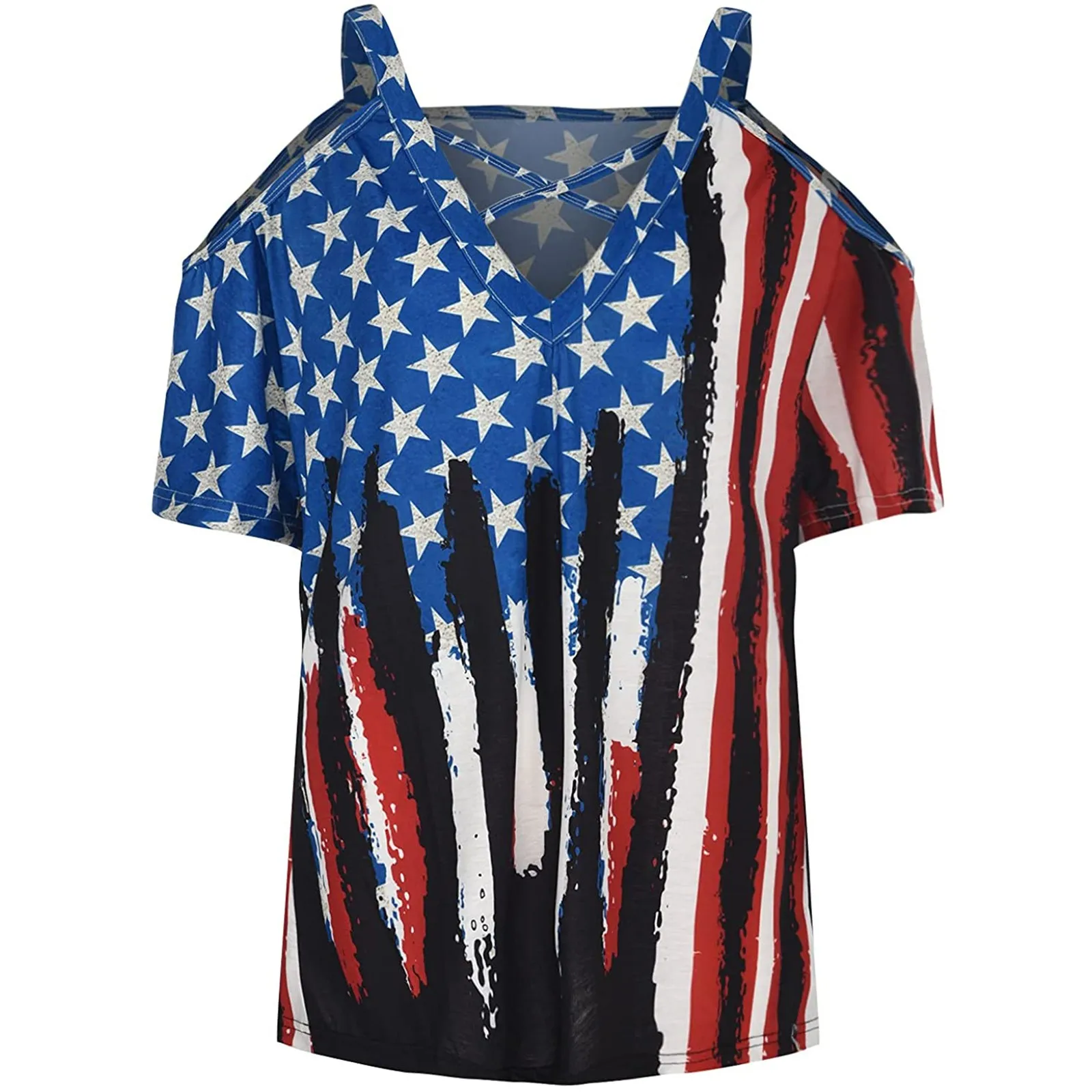 Hot Sale Women Bare Shoulder T Shirt New Vintage Print Cold Shoulder Tunic Loose T-shirt Pure Color Short Sleeve Tees Tops#g3 2