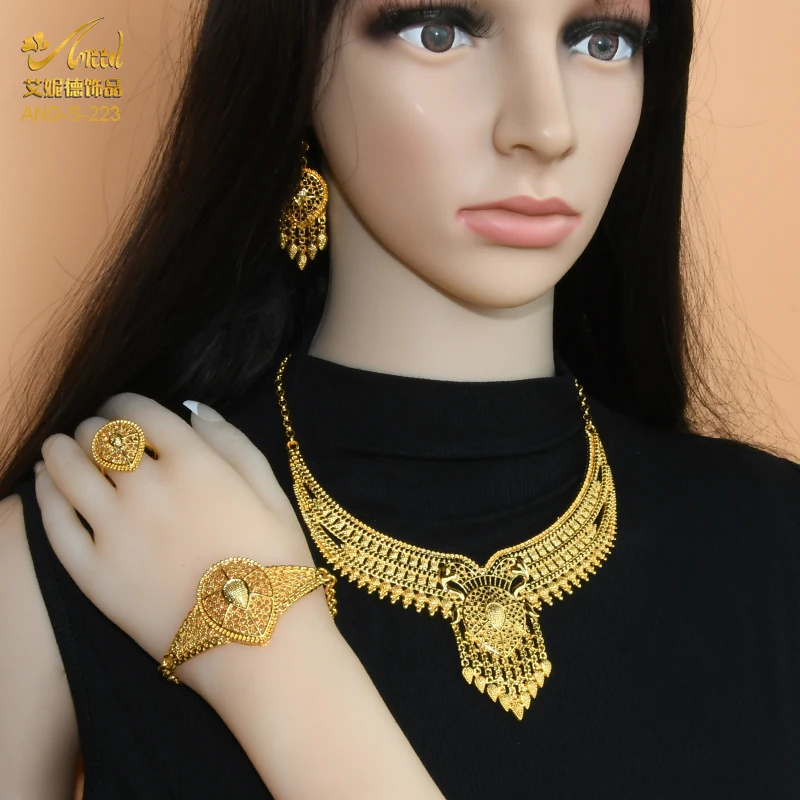 Indian Jewelry Set Wedding 24k Gold Color African Jewelry Dubai Bridal Sets Nigerian Necklace Bracelet Earring Gold Jewellery