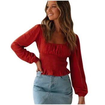 

Women's Sexy Blouse New Square Collar Long Sleeve Solid Ruffles Slim Short Pullover Spring Summer Fashion Casual Elegant Tops