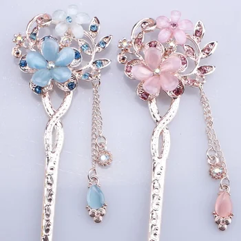 

Wholesale Cat Eye Stone Hair Pin Double Flower Hair Clip Classical Hairpin Barrette Hair Accessories national wind Headwear