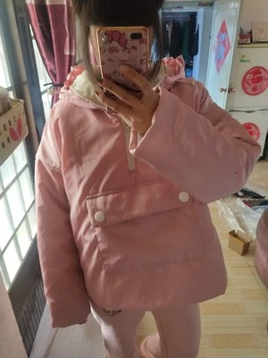 Японский Каваи Harajuku для девочек негабаритных парки с капюшоном женские мягкие короткие куртки зимние теплые милые пуловеры пальто M3088