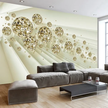 

Custom Self adhesive Mural 3D Stereoscopic Space Golden Circle Ball Living Room Sofa TV Background Photo Wall Paper 3D Modern