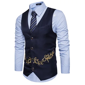 

Mens Vest New Fashionable High Quality European Embroidery Slim V-neck Men's Suit Vest