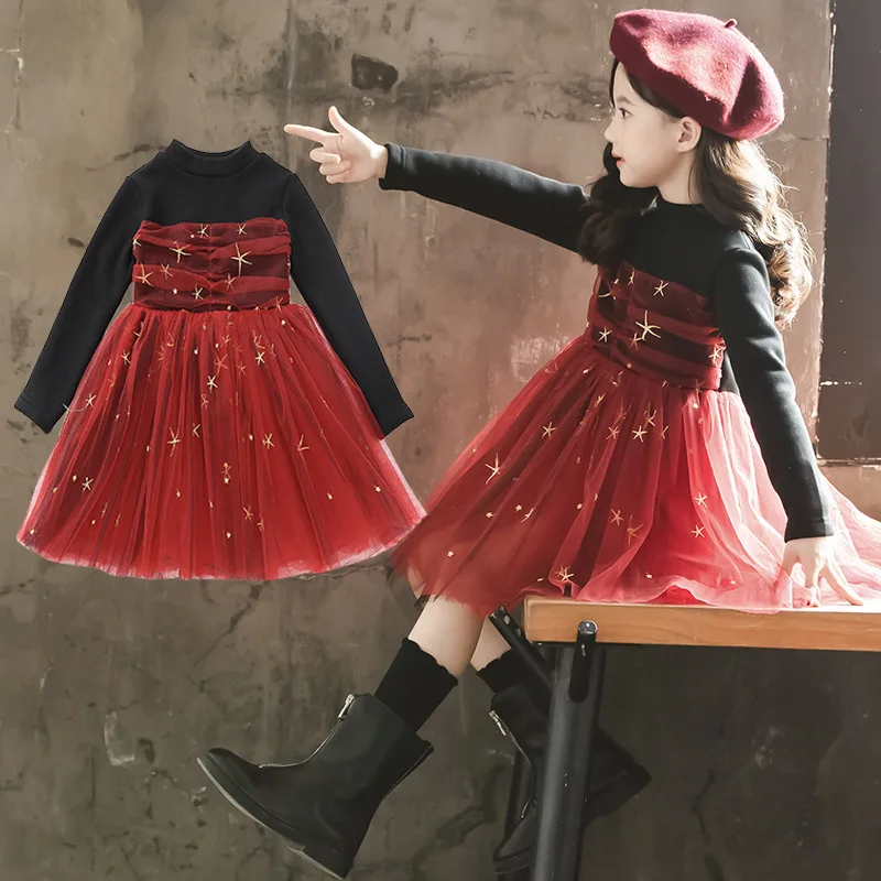 Детское кружевное платье с длинными рукавами для девочек; рождественское платье; платья-пачки со звездами для дня рождения; вечерние платья; Vestidos; одежда принцессы