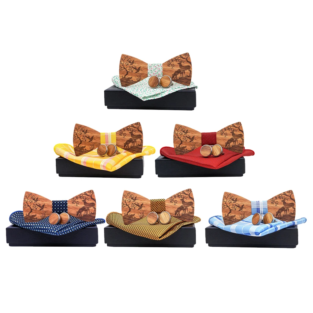  Bow Tie Set Handkerchief and Cufflinks for Men Cufflinks Unique Style wooden Bowtie fabric Handkerc