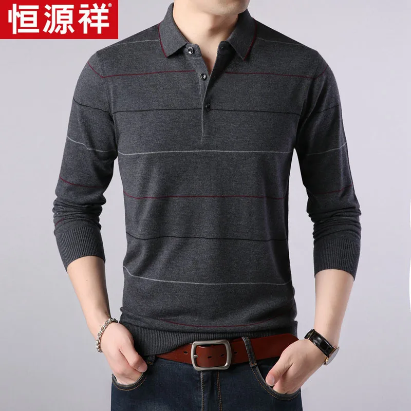 

HYX Genuine Product Autumn Fold-down Collar Long Sleeve Stripes T-shirt New Style Wool Knit Low Waist Jersey Tops T Men's Wear