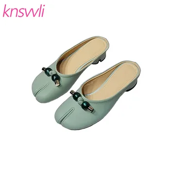 

Bow String Bead Sweet Mules Shoes Woman Split Toe Green Leather Low Heels Shoes Ladies Slip On Lazy Shoes Fashion Slippers Women
