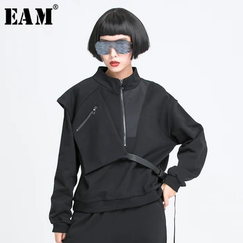 

[EAM] Loose Fit Black Buckle Split Joint Sweatshirt New Stand Collar Long Sleeve Women Big Size Fashion Tide Spring 2020 1U146