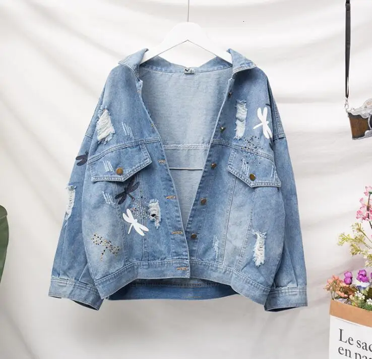 

Plus Size Friend Loose Ripped Women Denim Jackets With Boardwork 3Xl 4Xl 5Xl Lent Street Jeans For Girls