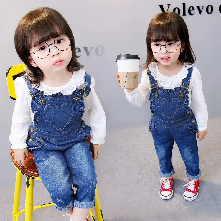 

2018 Spring And Autumn New Style Korean-style Girls Heart Cowboy Suspender Pants Children Pure Cotton Children Pants with Velvet