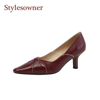 

Vintage Wine Red High Heels Women's 2020 Spring/Autumn New Genuine Leather Square Toe Sexy Hollow Office Work Stiletto Shoes