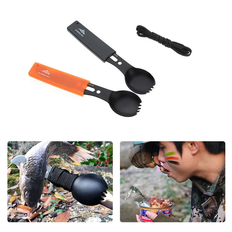 

Vertvie Multi-Purpose Camping Utensils Stainless Steel Spoon Fork Knife Tableware Outdoor Survival Tactical Spork Whistle