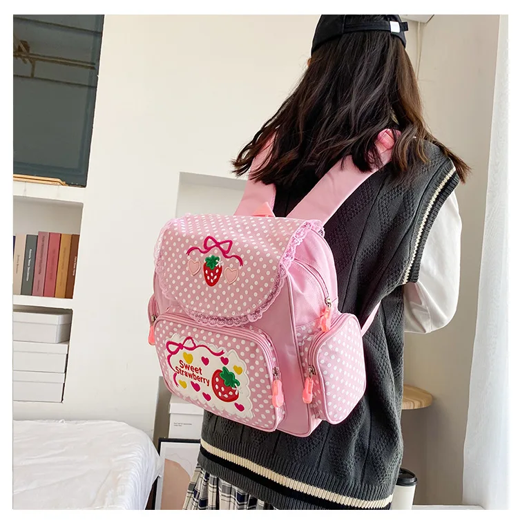 Kawaii Embroidery Strawberry Schoolbag Student Children 2022 New