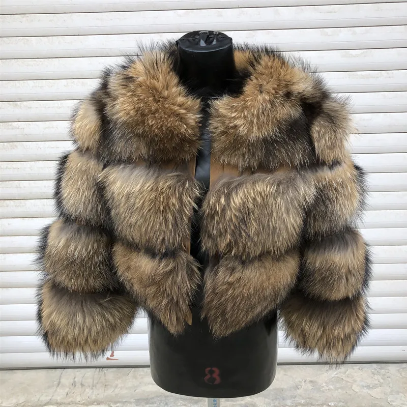 Стиль женское натуральное пальто из натурального меха енота куртка зимняя женская короткая Толстая теплая Роскошная тонкая с круглым вырезом высокое качество
