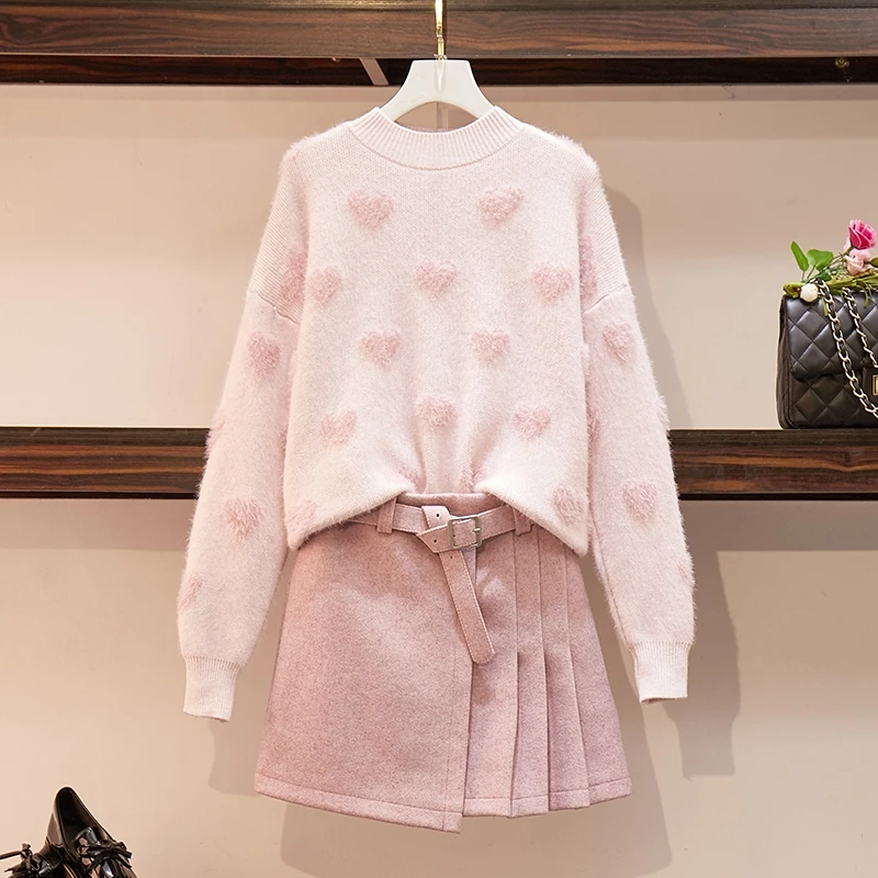 love sweater Осень, свитер, Розовый шерстяной комплект с юбкой, Женский Свободный пуловер с длинными рукавами, свитер+ плиссированная юбка, комплект для девочек - Цвет: love sweater