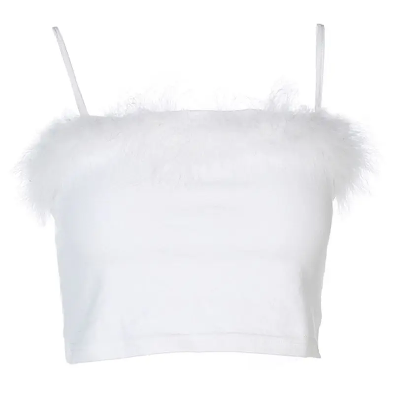 cotton camisole Womens Sexy Crop Top Spaghetti Strap Feather Fluffy Plush Trim Crop Top Bandeau Camisole Pink, White half camisole Tanks & Camis