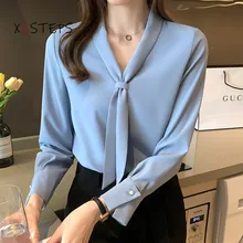 

Chiffon Blouses Women 2021 Spring Autumn OL Shirts Ladies Office Work Wear Suit Blouses White Blue Female Clothings Bow Tie