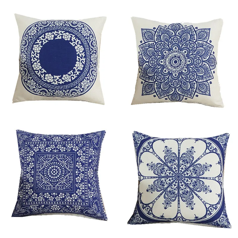 18" Throw Pillow Blue White Pattern Cushion Cover Linen Fabric Sofa