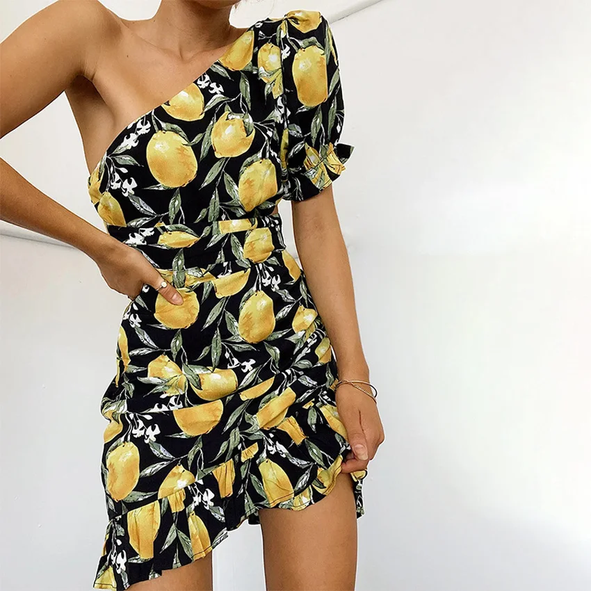 New Casual Short-Sleeved Loose Women's Dress Lantern Sleeve Ruffles Lemon Printed Slant Shoulder Short 2020 Womenswear | Женская