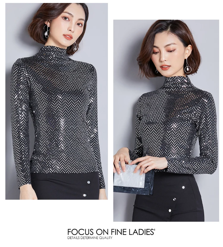 Осенняя Женская водолазка, пуловеры, облегающие черные топы, Blusas Mujer De Moda,, однотонная одежда с длинным рукавом и блестками, 6913 50