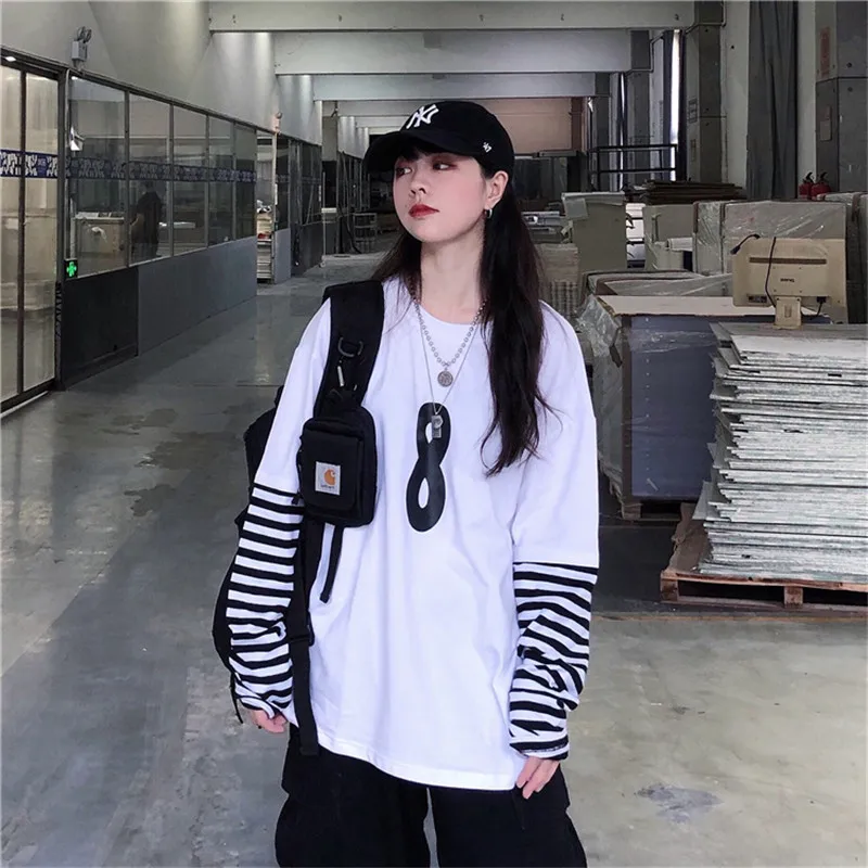 Lychee Harajuku, женская футболка с цифрами, топ, футболка, в полоску, поддельные, 2 штуки, женские футболки, топы, тройники, пэчворк, вырез лодочкой, женские футболки