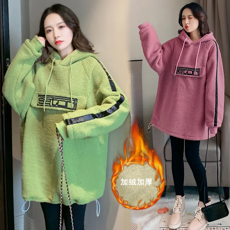 

Pregnant Women 2019 Autumn And Winter plus Velvet Faux Lambswool Hoodie Loose And Plus-sized Thick Hoodie Coat