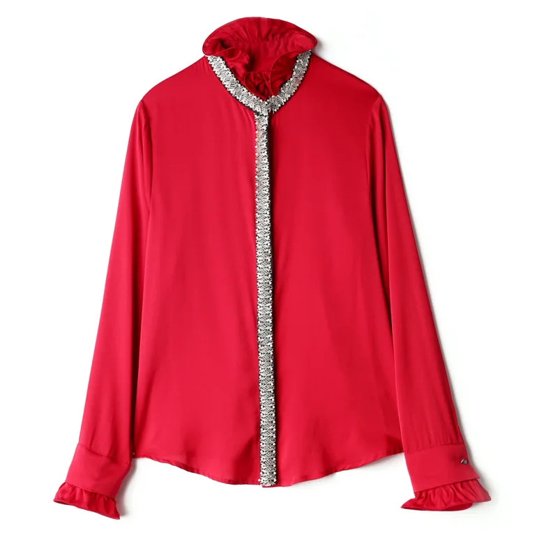 

High Quality 97% Natural Silk Beading Blouse Women Poplin High Street Stand Flare Sleeve Fashion Womens Clothing red