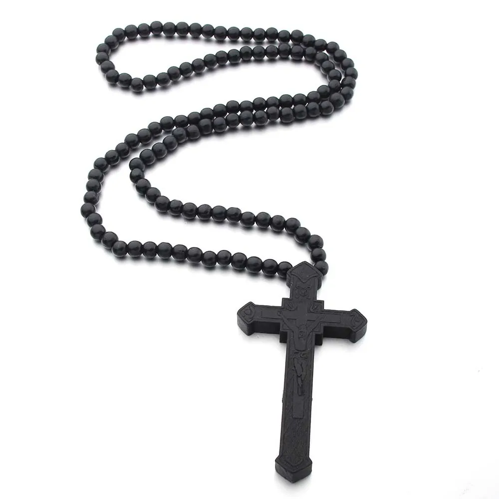 New Boy Large Wood Catholic Jesus Cross With Wooden Bead Carved Rosary Pendant Long Collier Statement Necklace Men Jewelry