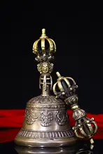 

Home Decor 8" Tibet Buddhism temple bronze silver Buddha bell set Buddha pattern Ghanta Phurpa Vajra Dorje Set Rattle bell