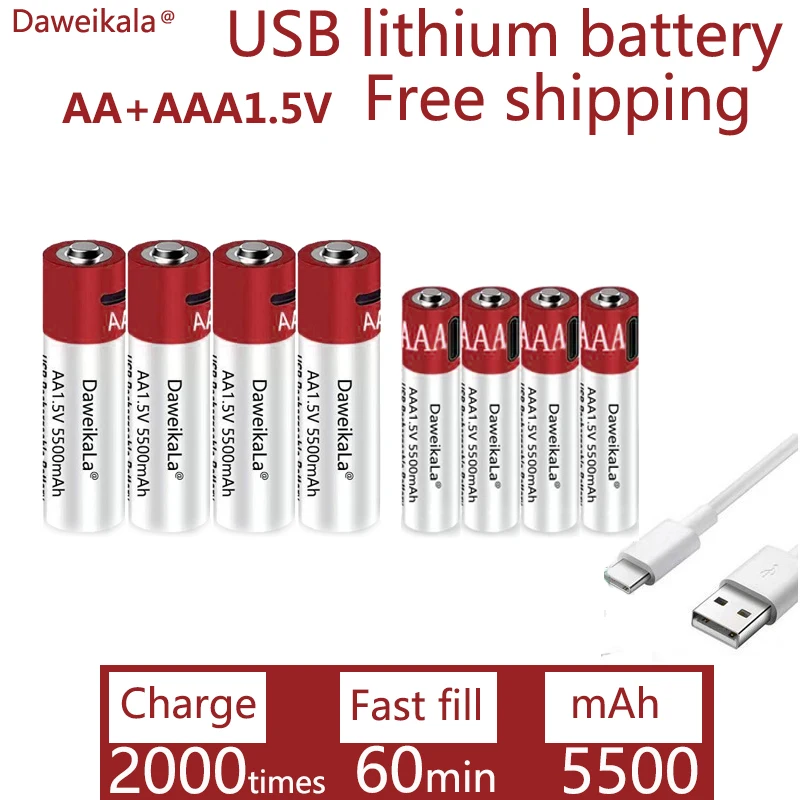 2021NewAA + AAA fast charging AA 1.5V 5500mah / AAA5500mAh lithium battery flashlight toy watch MP3 player FREE SHIPPING | Электроника