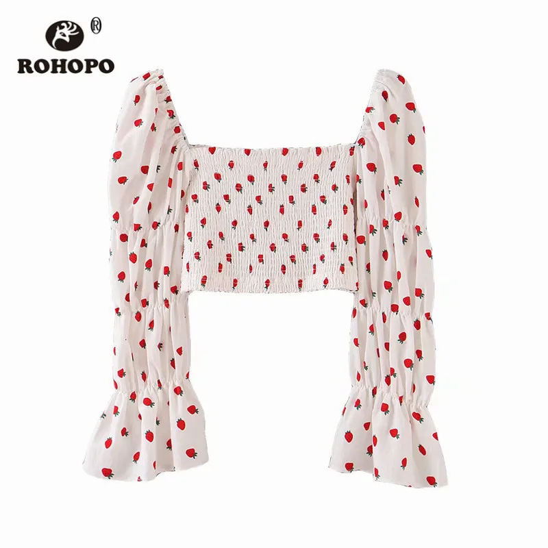 ROHOPO/укороченный топ с длинными рукавами и квадратным воротником в виде фонаря; футболка из хлопка; эластичная Футболка с принтом клубники; 6587