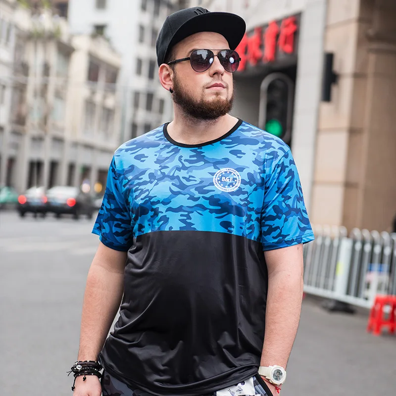 

Summer new increase fertilizer t-shirt color matching camouflage fat short-sleeved large size men's clothing