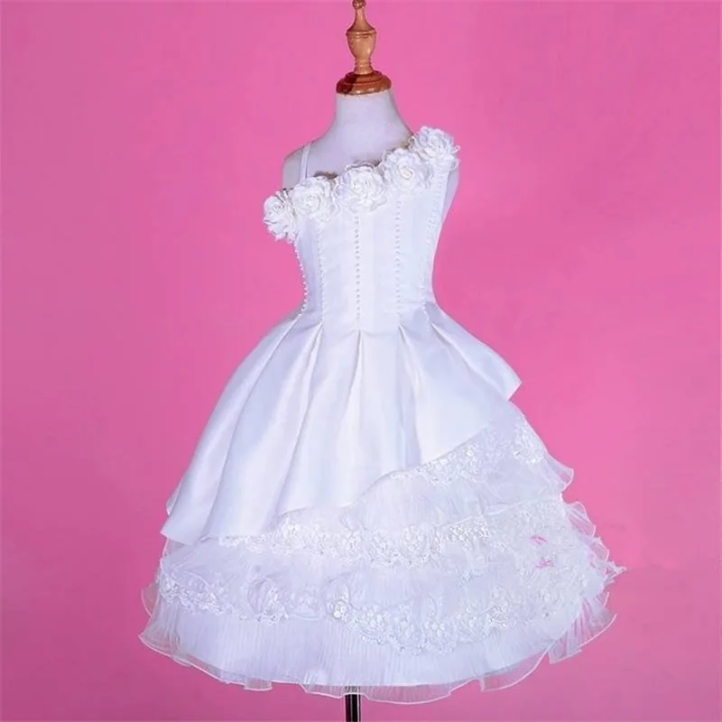 White Lace Flower Girl Dresses For Weddings One Shoulder First Communion Dresses For Girls Custom Pearls Kids Evening Gowns